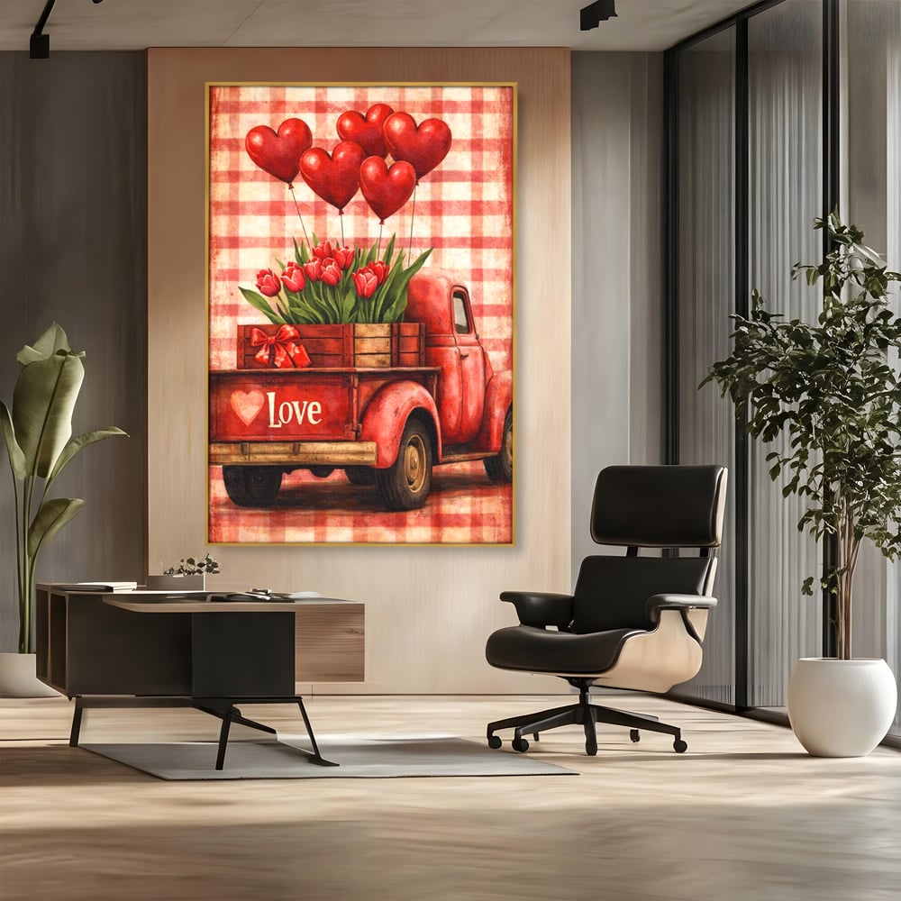 Tablou canvas cu tablou canvas cu un camion rosu vintage, in rama de aluminiu auriu, pe perete intr-un birou